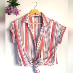 SHEIN Striped Crop Cottagecore Grunge Fairycore Blouse Tie Waist Size XSmall